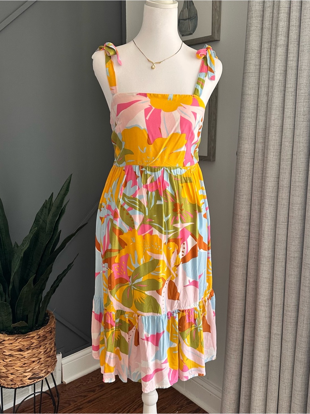 Japna Yellow, Pink & Green Tropical Tie-Shoulder Midi Dress